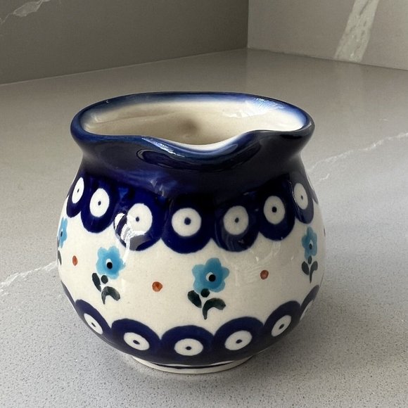 Boleslawiec Small Milk Creamer Pitcher Blue Pottery Floral Handmade In Poland E9 - Picture 4 of 10